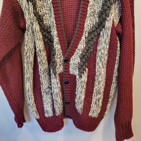 Vintage Sears 80's Hand Knit Chunky Knit Oversized Cardigan Sweater Red Gray - Picture 3 of 7